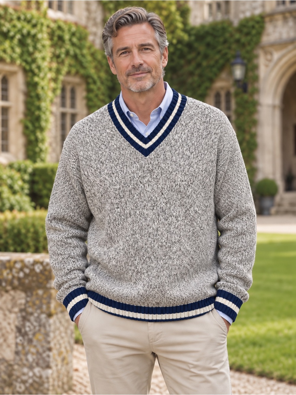 Preppy Cricket V-Neck Sweater XL Grey Navy Cotton Wool WindRiver Made in Canada